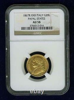 Italy Papal States 1867 20 Lire Gold Coin Almost Uncirculated Certified Ngc Au58