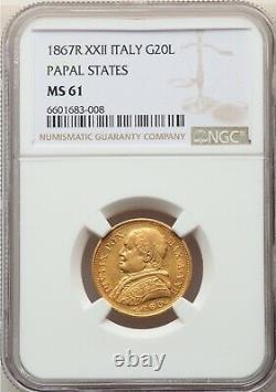 Italy Papal States 1867 XXII 20 Lire Gold Coin, Uncirculated Ngc Certified Ms61