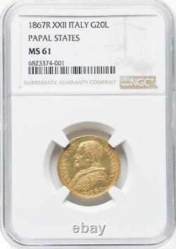 Italy Papal States 1867 XXII 20 Lire Gold Coin, Uncirculated Ngc Certified Ms61