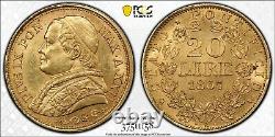 Italy Papal States 1867-r 20 Lire Gold Coin, Uncirculated Pcgs Certified Ms63
