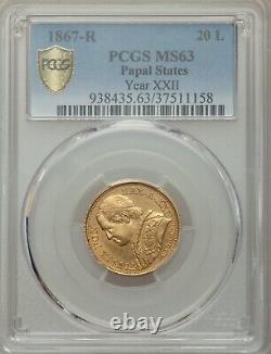 Italy Papal States 1867-r 20 Lire Gold Coin, Uncirculated Pcgs Certified Ms63