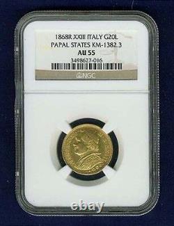 Italy Papal States 1868 20 Lire Gold Coin Almost Uncirculated Certified Ngc Au55