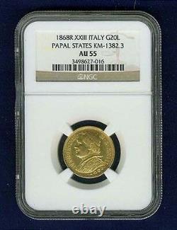 Italy Papal States 1868 20 Lire Gold Coin Almost Uncirculated Certified Ngc Au55