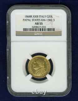Italy Papal States 1868 20 Lire Gold Coin Almost Uncirculated Certified Ngc Au55
