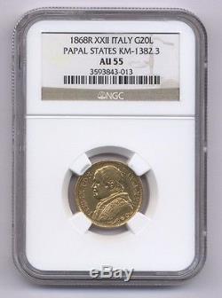 Italy Papal States 1868 20 Lire Gold Coin Almost Uncirculated Certified Ngc Au55