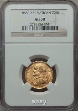 Italy Papal States 1868 20 Lire Gold Coin Almost Uncirculated Certified Ngc Au58