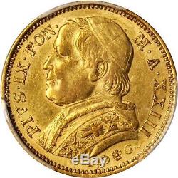 Italy Papal States 1868 20 Lire Gold Coin Almost Uncirculated Certified Pcg Au55