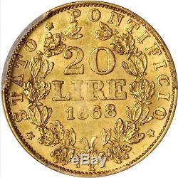 Italy Papal States 1868 20 Lire Gold Coin Almost Uncirculated Certified Pcg Au55