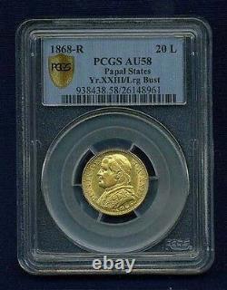 Italy Papal States 1868 20 Lire Gold Coin Almost Uncirculated Certifiedpcgs Au58