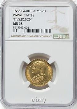 Italy Papal States 1868 20 Lire Gold Coin Choice Uncirculated Ngc Certified Ms63