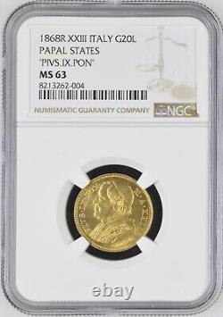 Italy Papal States 1868 20 Lire Gold Coin Choice Uncirculated Ngc Certified Ms63