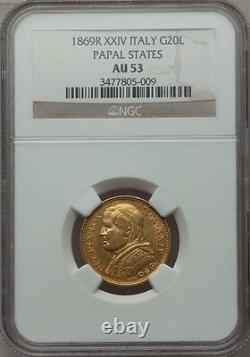 Italy Papal States 1869 20 Lire Gold Coin Almost Uncirculated Certified Ngc Au53