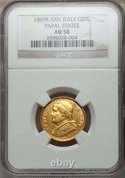 Italy Papal States 1869 20 Lire Gold Coin Almost Uncirculated Certified Ngc Au58