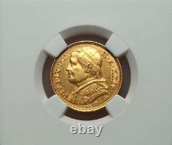 Italy Papal States 1869 20 Lire Gold Coin Almost Uncirculated Certified Ngc Au58