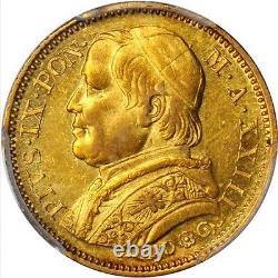 Italy Papal States 1869 20 Lire Gold Coin Almost Uncirculated Pcgscertified Au58