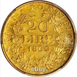 Italy Papal States 1869 20 Lire Gold Coin Almost Uncirculated Pcgscertified Au58