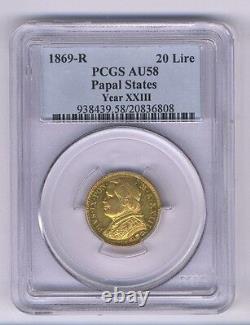 Italy Papal States 1869 20 Lire Gold Coin Almost Uncirculated Pcgscertified Au58