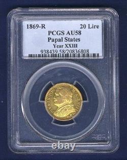 Italy Papal States 1869 20 Lire Gold Coin Almost Uncirculated Pcgscertified Au58