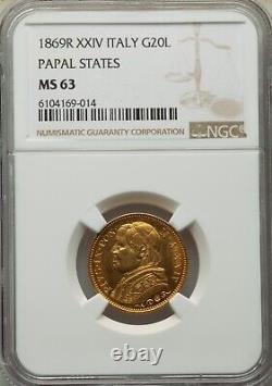 Italy Papal States 1869 20 Lire Gold Coin Choice Uncirculated Ngc Certified Ms63