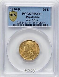 Italy Papal States 1870-r 20 Lire Gold Coin Choice Uncirculated Pcgs Cert Ms64+