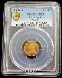 Italy Papal States. Pius IX gold Scudo Anno XIII (1858)-R AU53 PCGS, Rome mint