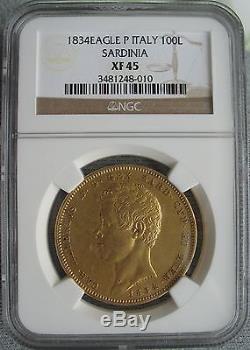 Italy-Sardinia 1834 EAGLE P Gold 100 Lire NGC XF-45