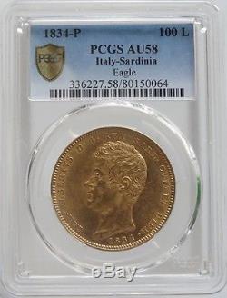 Italy Sardinia Eagle 100 Lira Gold Coin Rare Mint Cond 1834 PCGS AU58 #0014