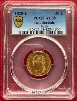 Italy Sardinia, Gold 20 Lire 1820-l Eagle Pcgs Au 58, Rare7