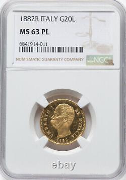 Italy Umberto I Gold 20 Lire 1882-R NGC MS-63 Proof-like! Rome mint Super nice