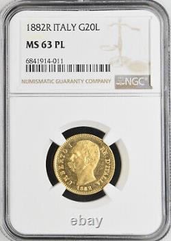 Italy Umberto I Gold 20 Lire 1882-R NGC MS-63 Proof-like! Rome mint Super nice