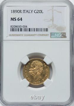 Italy Umberto I Gold 20 Lire 1890-R NGC MS-64! Rome mint! Lustrous! Super nice