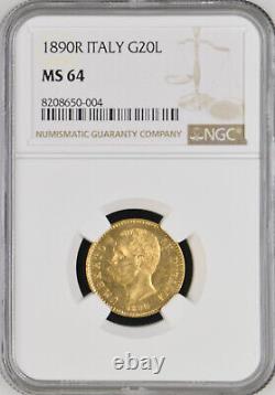 Italy Umberto I Gold 20 Lire 1890-R NGC MS-64! Rome mint! Lustrous! Super nice
