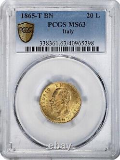 Italy Vittorio Emanuele II Gold 20 Lire 1865 T-BN, PCGS MS-63, Turino mint