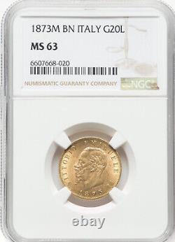 Italy Vittorio Emanuele II Gold 20 Lire 1873 M-BN, NGC MS-63, Milan mint