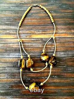 Jewelry necklace pendant precious stone tiger eye gold collier vintage ethnic by