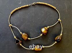 Jewelry necklace pendant precious stone tiger eye gold collier vintage ethnic by