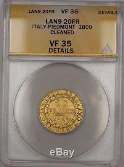 LAN9 1800 Italy-Piedmont 20 FR Francs Gold Coin ANACS VF-35 Details Cleaned MSK