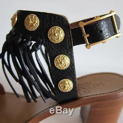 L-3756169 New Valentino Black Fringe Strap WithGold Coins Sandals US-6/Marked-36