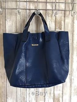 MARNI Blue Patent Leather Tote Handbag Clutch Coin Purse 3 Piece Set! RARE! GOLD
