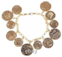 MILOR ITALY 14k GOLD LIRA COIN CHARM BRACELET circle links, Signed, VINTAGE EUC