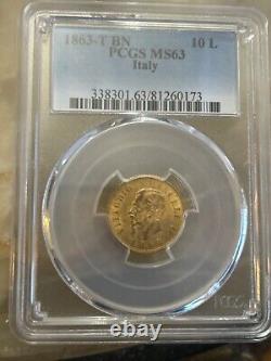 Mega rare 1863 T BN 10 lira gold coin PCGS MS 63 italy