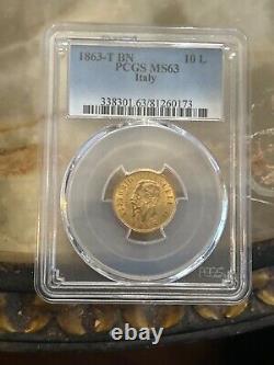 Mega rare 1863 T BN 10 lira gold coin PCGS MS 63 italy