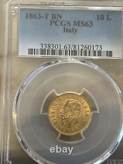 Mega rare 1863 T BN 10 lira gold coin PCGS MS 63 italy