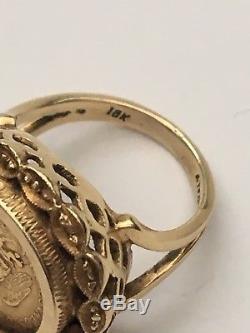 Mexican 1945 Dos Pesos 22 Gold Coin Set In 18k Gold Pinky Ring, 7.6 Grams Italy