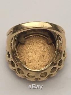 Mexican 1945 Dos Pesos 22 Gold Coin Set In 18k Gold Pinky Ring, 7.6 Grams Italy