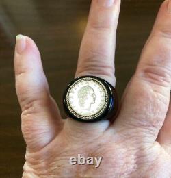 Milor Vintage 14K Gold Blac Ceramic Italian Lira Coin Ring Size 9