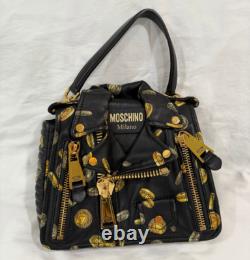 Moschino Milano Biker Jacket Bag Black Gold Coin Print Leather Purse