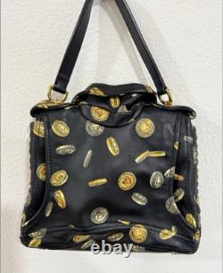 Moschino Milano Biker Jacket Bag Black Gold Coin Print Leather Purse
