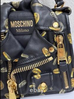 Moschino Milano Biker Jacket Bag Black Gold Coin Print Leather Purse