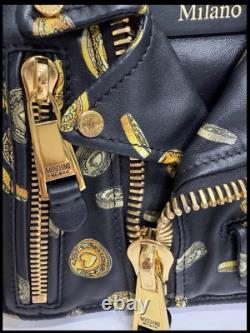 Moschino Milano Biker Jacket Bag Black Gold Coin Print Leather Purse